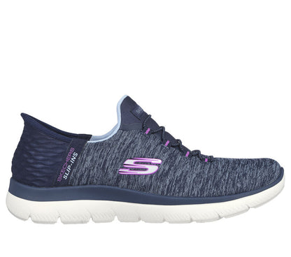 Women's Wide Fit Skechers 149937W Summits Dazzling Haze Vegan Trainers - Navy/Purple